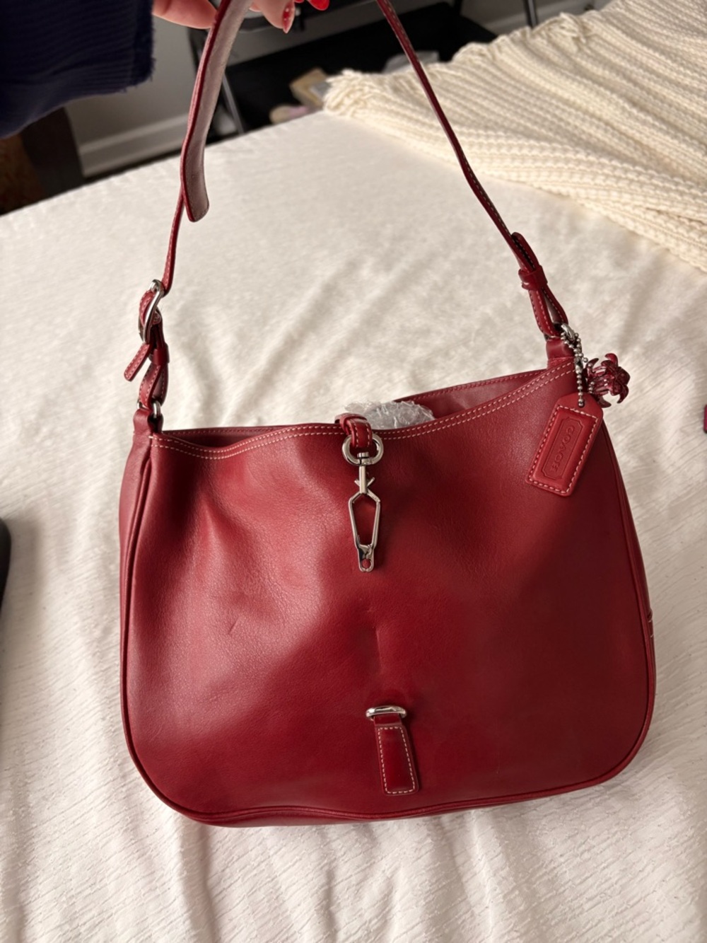Coach Red Leather Shoulder Bag with Silver Hardware